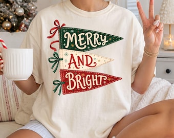 Comfort Colors® Merry and Bright Shirt, Vintage Christmas Graphic Tee, Retro Holiday Design Shirt