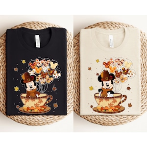 Mickey And Minnie Fall Balloon Tea Cup Comfort Colors® Shirt, Disney Thanksgiving Couple Matching Shirt, Disneyland Fall Autumn Season Shirt