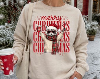 Merry Christmas Raccoon Sweatshirt, Cute Santa Hat Holiday Crewneck, Festive Raccoon Sweatshirt
