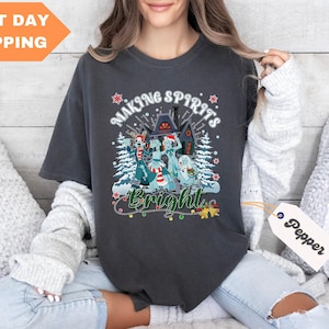 Making Spirits Bright Hitchhiking Ghosts Shirt, Goofy Merry Christmas Haunted Mansion Comfort Colors® Shirt, Family Matching Halloween Shirt