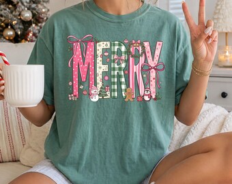 Comfort Colors® Merry Christmas Shirt, Cute Gingerbread Snowman Holiday Graphic T-Shirt