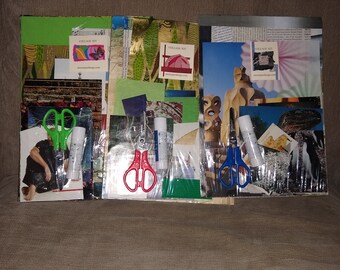 May include: A collage kit with various papers, stickers, and embellishments. The kit includes two pairs of scissors, two glue sticks, and a variety of patterned papers. The papers are in a variety of colors and patterns, including green, blue, red, and gold. The kit is packaged in a clear plastic bag.