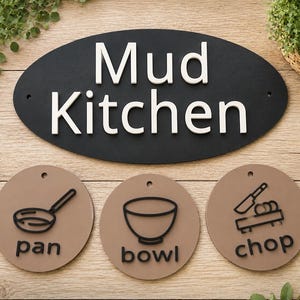 May include: An oval black sign with white raised text reading Mud Kitchen, accompanied by three circular tan signs featuring black raised icons and text. The icons depict a pan, a bowl, and a cutting board with a knife, labelled pan, bowl, and chop.