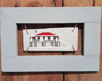 Wooden painting, hut on the stairs, painting on wood and wooden frame