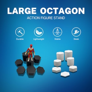 May include: A red and silver action figure stands on a black octagon-shaped stand. The stand is part of a set of eight octagon-shaped stands. The image also shows a set of eight white octagon-shaped stands. The text "LARGE OCTAGON ACTION FIGURE STAND" is at the top of the image. Below the stands are four icons with text: "Durable", "Lightweight", "Stable", and "Sleek".