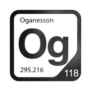 May include: A square plaque featuring the Oganesson element tile from the periodic table. The design includes the name Oganesson, the symbol Og, the atomic number 118, and the atomic mass 295.216, all rendered in black text on a white background.