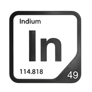 May include: A square wall plaque with rounded corners featuring the chemical element Indium. The design includes the word Indium, the symbol In, the atomic mass 114.818, and the atomic number 49 in black text on a white background with a black border.