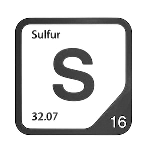 May include: A square wall plaque featuring the chemical element Sulfur. The design includes the word Sulfur, the large letter S, the atomic number 16, and the atomic weight 32.07. The plaque has a white center with a thick black border and rounded corners.