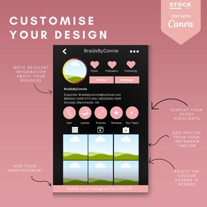 Pode incluir: Um design de perfil do Instagram simulado com um fundo preto e detalhes em rosa. O perfil &eacute; para "BraidsByConnie" e inclui se&ccedil;&otilde;es para postagens, seguidores e seguindo. O texto na imagem inclui "PERSONALIZE SEU DESIGN".