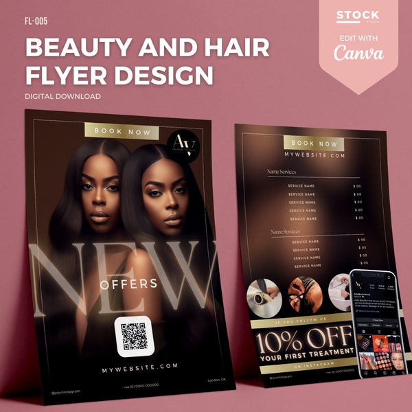 Beauty Flyer QR Code Hair Flyer Template Design Beautician Flyer for Small Business Premade Wig Salon Hair Flyer Nails Hair dresser Canva