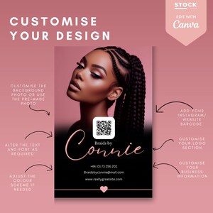 Pode incluir: Um folheto promocional com fundo preto e foto de uma pessoa com tran&ccedil;as. O texto "Braids by Connie" est&aacute; em it&aacute;lico. O folheto inclui instru&ccedil;&otilde;es para personalizar o design, a foto de fundo, o texto e o esquema de cores.
