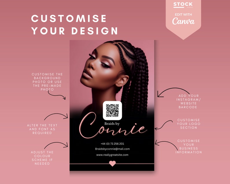 Pode incluir: Um folheto promocional com fundo preto e foto de uma pessoa com tran&ccedil;as. O texto "Braids by Connie" est&aacute; em it&aacute;lico. O folheto inclui instru&ccedil;&otilde;es para personalizar o design, a foto de fundo, o texto e o esquema de cores.