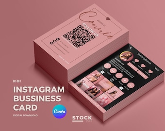Cartão de visita do Instagram com código QR, modelo de cartão, cartão influenciador IG para pequenas empresas, cartão digital pré-fabricado, faça você mesmo, canva rosa