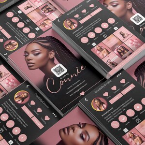 Pode incluir: Cart&otilde;es de visita para "Braids by Connie" com uma mulher com cabelo tran&ccedil;ado. Os cart&otilde;es t&ecirc;m um esquema de cores preto e rosa com &iacute;cones de m&iacute;dia social e informa&ccedil;&otilde;es de contato. O texto "Follow us on Instagram for 10% off" tamb&eacute;m &eacute; vis&iacute;vel.