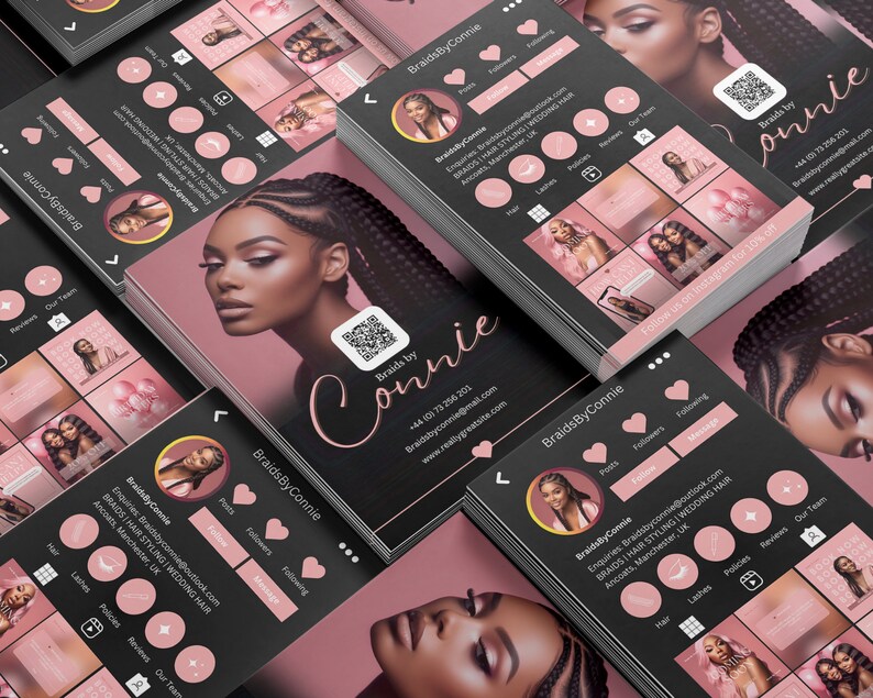 Pode incluir: Cart&otilde;es de visita para "Braids by Connie" com uma mulher com cabelo tran&ccedil;ado. Os cart&otilde;es t&ecirc;m um esquema de cores preto e rosa com &iacute;cones de m&iacute;dia social e informa&ccedil;&otilde;es de contato. O texto "Follow us on Instagram for 10% off" tamb&eacute;m &eacute; vis&iacute;vel.