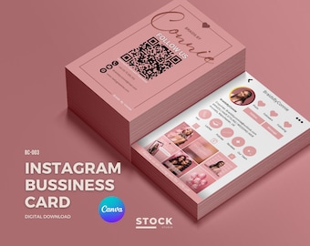 Cartão de visita do Instagram com código QR, modelo de cartão, cartão influenciador IG para pequenas empresas, cartão digital pré-fabricado, faça você mesmo, canva rosa