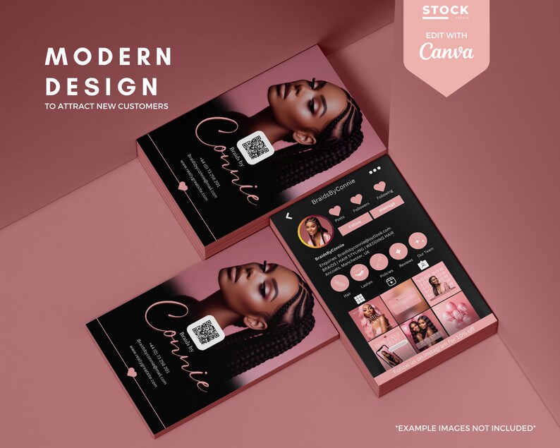Pode incluir: Maquete de cart&otilde;es de visita e tela de telefone mostrando a marca de um sal&atilde;o de beleza. Os cart&otilde;es s&atilde;o pretos com um detalhe rosa e uma foto de uma mulher com tran&ccedil;as. A tela do telefone exibe um perfil de m&iacute;dia social com elementos rosa e preto. O texto inclui "Modern Design" e "Braids by Connie."