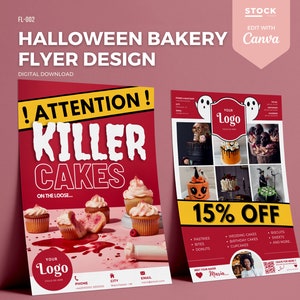 Ulotka piekarnicza na Halloween Kod QR Ulotka Szablon Projekt Ulotka piekarnicza dla małych firm Gotowe oferty na Halloween Różowa usługa piekarnicza Canva DIY