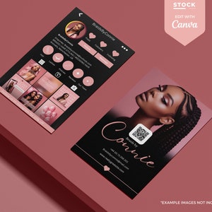 Pode incluir: Dois cart&otilde;es de visita com um design preto e rosa. Um cart&atilde;o exibe um perfil de m&iacute;dia social com o nome "BraidsByConnie". O outro cart&atilde;o apresenta uma mulher com cabelo tran&ccedil;ado e o nome da empresa. O texto "Edit with Canva" tamb&eacute;m &eacute; vis&iacute;vel.