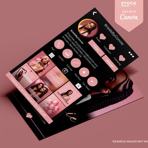Pode incluir: Um gr&aacute;fico promocional para BraidsByConnie, apresentando um perfil simulado do Instagram com um design preto e rosa. O perfil mostra imagens de penteados, c&iacute;lios e servi&ccedil;os de cabelo para casamentos. O texto inclui "Siga-nos no Instagram para 10% de desconto".