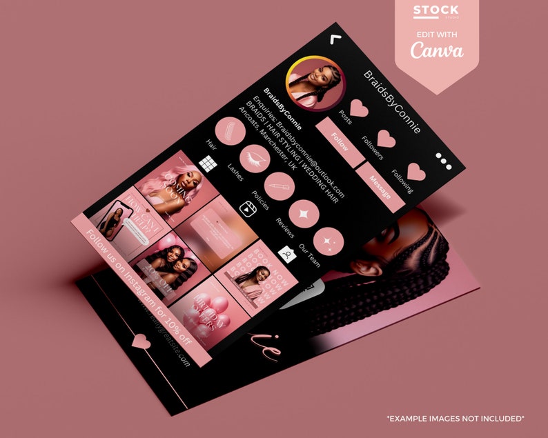 Pode incluir: Um gr&aacute;fico promocional para BraidsByConnie, apresentando um perfil simulado do Instagram com um design preto e rosa. O perfil mostra imagens de penteados, c&iacute;lios e servi&ccedil;os de cabelo para casamentos. O texto inclui "Siga-nos no Instagram para 10% de desconto".