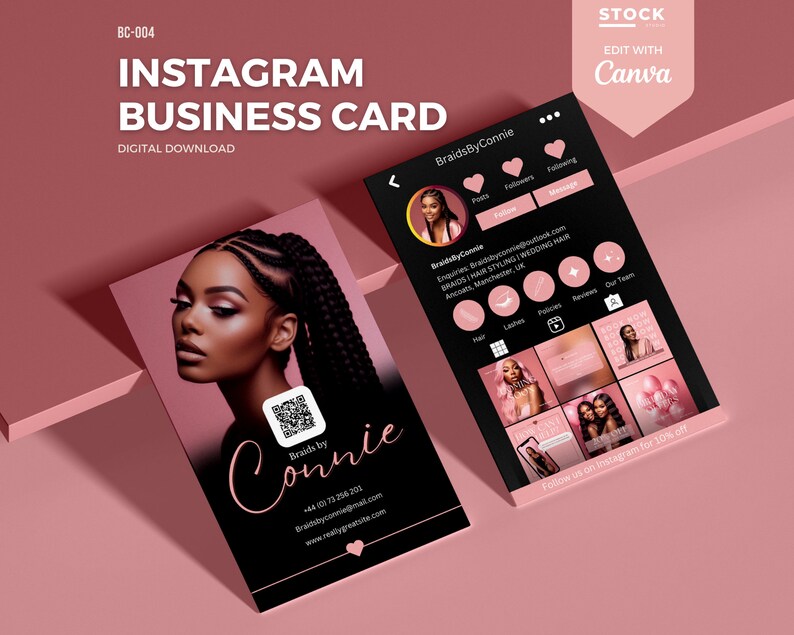 Pode incluir: Um design de cart&atilde;o de visita digital para Instagram com um retrato de uma mulher com cabelo tran&ccedil;ado. O cart&atilde;o inclui o texto "Braids by Connie" e informa&ccedil;&otilde;es de contato. Uma maquete de um perfil do Instagram tamb&eacute;m &eacute; exibida, mostrando postagens e informa&ccedil;&otilde;es de seguidores.