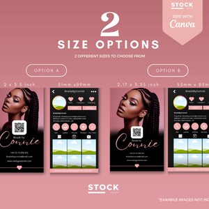 Pode incluir: Gr&aacute;fico promocional com duas op&ccedil;&otilde;es de tamanho para modelos de m&iacute;dia social. O design apresenta uma mulher com cabelo tran&ccedil;ado, um c&oacute;digo QR e o texto "Braids by Connie". Os tamanhos s&atilde;o 51 mm x 89 mm e 55 mm x 85 mm.