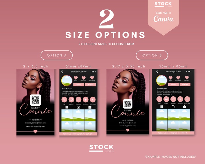 Pode incluir: Gr&aacute;fico promocional com duas op&ccedil;&otilde;es de tamanho para modelos de m&iacute;dia social. O design apresenta uma mulher com cabelo tran&ccedil;ado, um c&oacute;digo QR e o texto "Braids by Connie". Os tamanhos s&atilde;o 51 mm x 89 mm e 55 mm x 85 mm.
