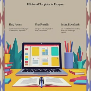 May include: Illustration of a laptop displaying colorful templates, with text "Legal Helper GPT" and "Editable AI Templates for Everyone." An open book and pens are on the yellow desk. Text includes "Easy Access," "User Friendly," and "Instant Downloads."