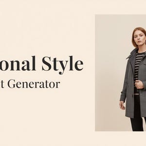 May include: A woman wearing a gray coat over a black and white striped shirt and black pants. The image includes the text "Seasonal Style AI Outfit Generator" and the Itasaim logo.