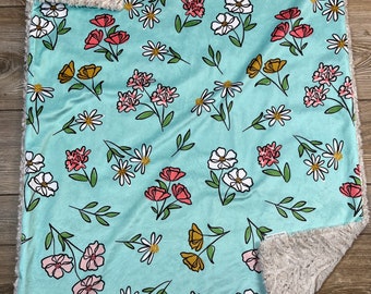 RTS Teal Spring Floral Minky Baby Blanket, Minky Baby Blanket, Faux Fur Baby Blanket, Girl Baby Blanket, Flower Baby Blanket, Teal