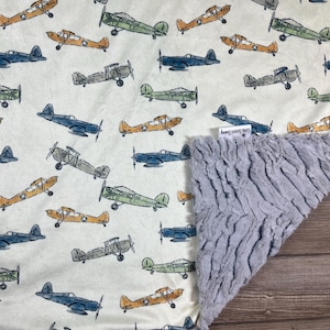 Pick Your Size Airplane Minky Baby Blanket, Faux Furr Blanket, Vintage Plane Blanket, Airplane Nursery, Boy Blanket, Aviation, Air Travel