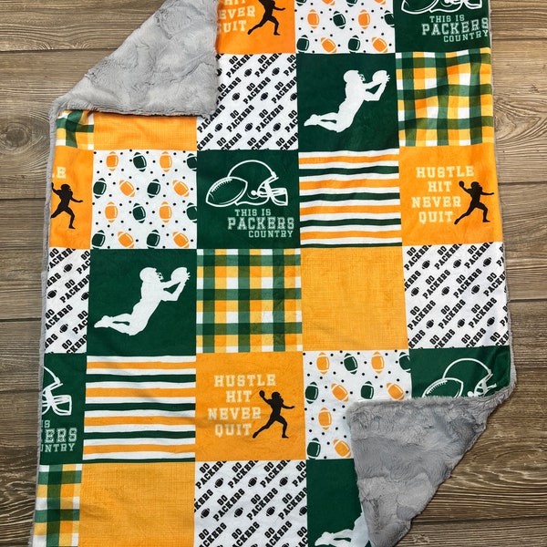 CM Green and Gold Football Patchwork Minky Blanket