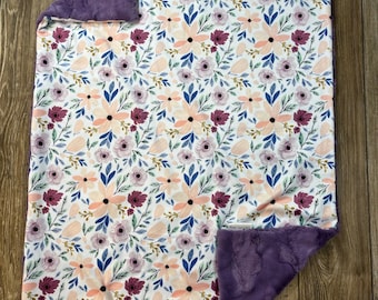 RTS Delicate Watercolor Floral Baby Blanket, Minky Baby Blanket, Faux Fur Baby Blanket, Girl Baby Blanket, Purple Baby Blanket, Flowers
