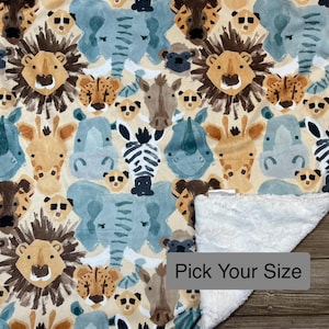 Pick Your Size Watercolor Zoo Animals Minky Blanket, Zoo Nursery, Faux Furr, Zebra Minky, Lion Minky, Neutral Blanket, Meercat Minky Blanket