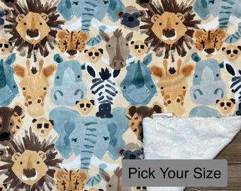 Pick Your Size Watercolor Zoo Animals Minky Blanket, Zoo Nursery, Faux Furr, Zebra Minky, Lion Minky, Neutral Blanket, Meercat Minky Blanket