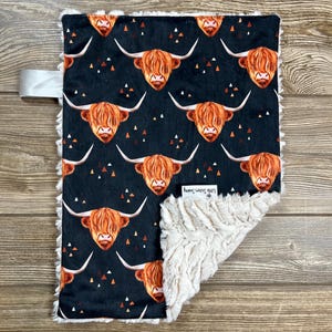 Highland Cow Lovey, Western Baby Lovey with Satin Ribbon, Soft Minky Sensory Blanket, Rustic Farm Baby Gift, Neutral Cowboy Nursery
