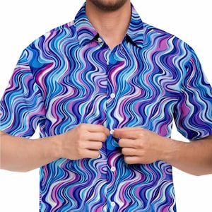 Mens & Womens Wavy Colorful Pastel Fun Casual Button Up Shirt, Hawaiian Shirt