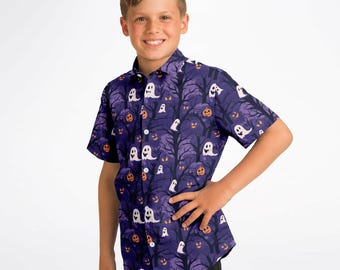 Kids Halloween Shirt: Spooky Ghost & Graveyard Button-Up