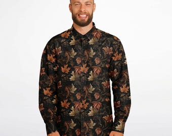 Gothic Fall Leaves Shirt: Edgy Hawaiian Style, Long Sleeve Button Down
