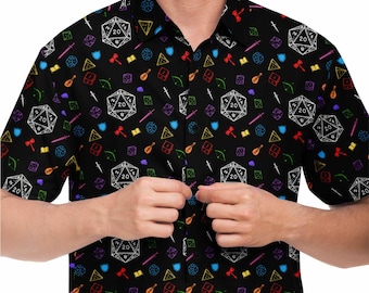 Colorful DnD Dungeons and Dragons D20 Critical Roll inspired Dice Hawaiian Style Collared Shirt