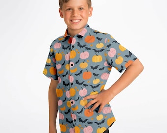 Kids Halloween Shirt: Pumpkin Bat Print, Fun Button-Up