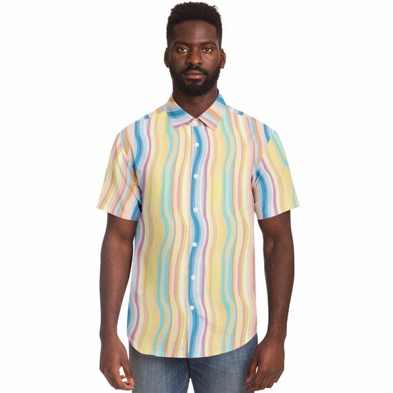 pastel colored men's dress shirts Mens & Womens Wavy Pastel Button Down Shirt, Casual, Fun, Colorful Hawaiian Shirt