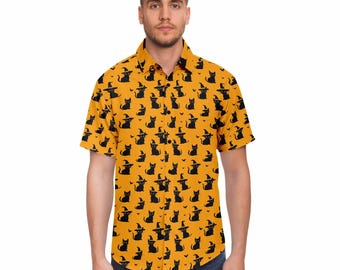 Camisa hawaiana de gato de Halloween: divertida camisa otoñal con botones