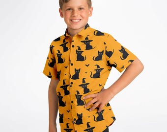 Camisa de Halloween para niños: Estampado de gato y bruja con botones