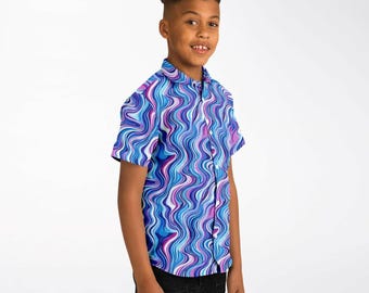 Kids Wavy Line Button-Up Shirt: Colorful Fun Poplin Polyester