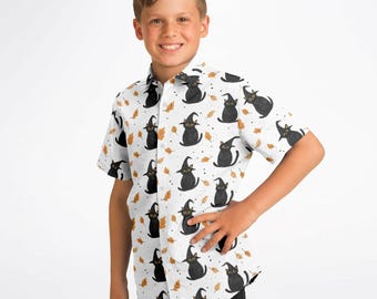 Camisa hawaiana de Halloween para niños: gato brujo y hojas de otoño