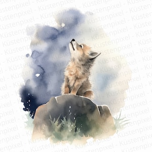 Wolf Watercolor Clipart, Nursery Decor, Wolf on Mountain, Cute Baby Animal Wolf Cub - DIGITAL DOWNLOAD Commercial Use