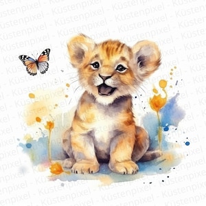 Imágenes Prediseñadas de acuarela de León, decoración de vivero, León con mariposa, lindo bebé Animal cachorro de león - DESCARGA DIGITAL uso comercial