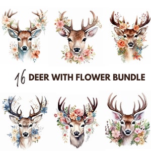 Hirsch Blumen Girlanden Clipart Bundle, 16 hochwertige Hirschkopf - Kinderzimmer Dekor, Hirsch - DIGITALER DOWNLOAD kommerzielle Nutzung*